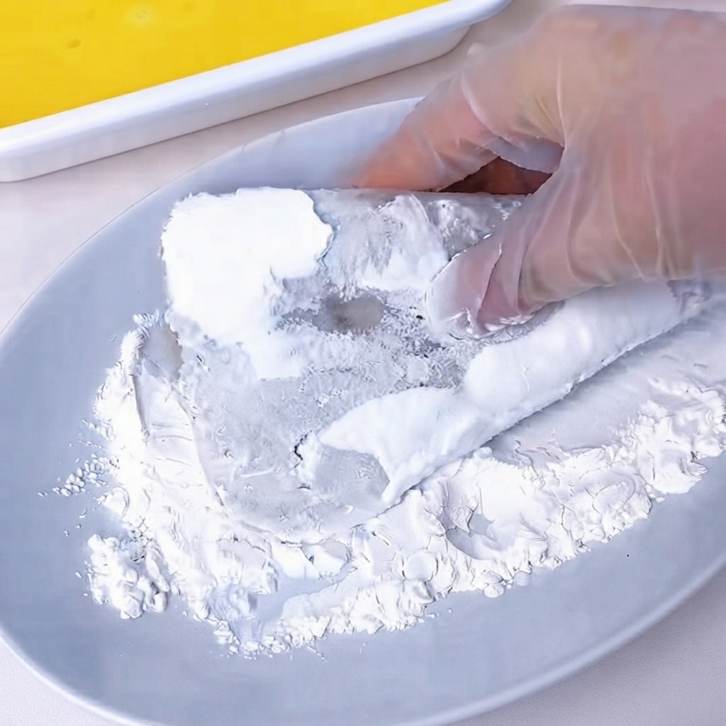 Una mano con guante sumergiendo una chuleta de camarón enharinada en un recipiente con huevo batido de color amarillo brillante.