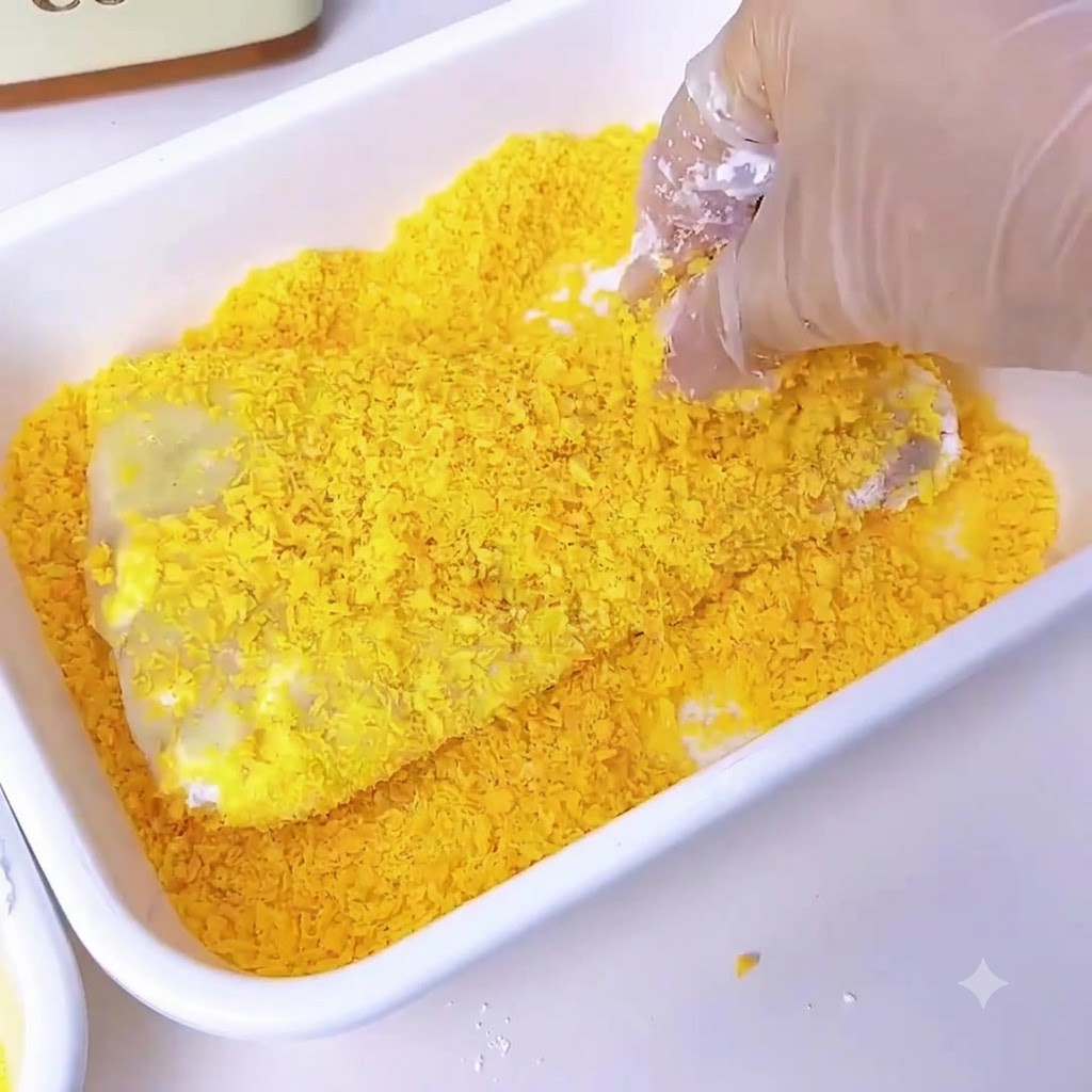 Una mano con guante presionando una chuleta cubierta de huevo en un recipiente lleno de pan rallado panko amarillo y crujiente.