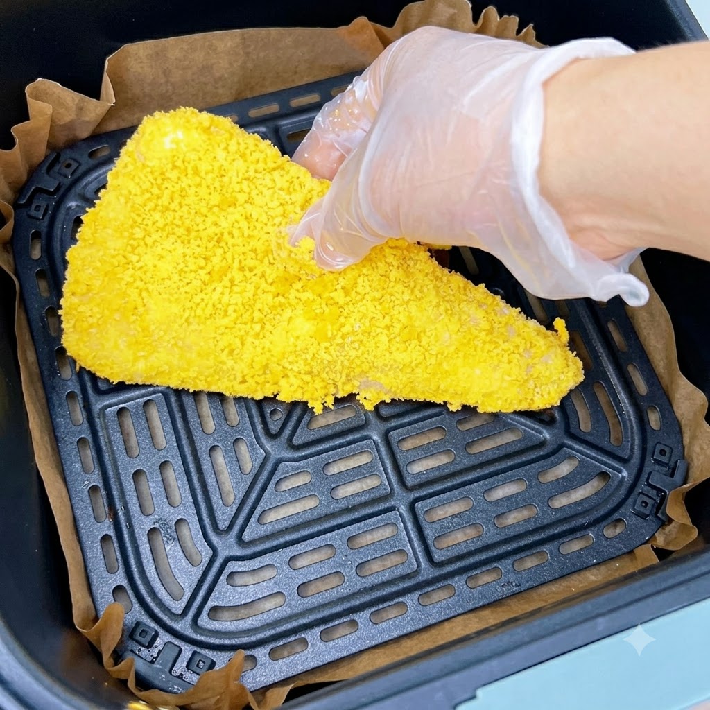 Una chuleta de camarón amarilla y completamente empanizada colocada dentro de la cesta de una freidora de aire forrada con papel de hornear.