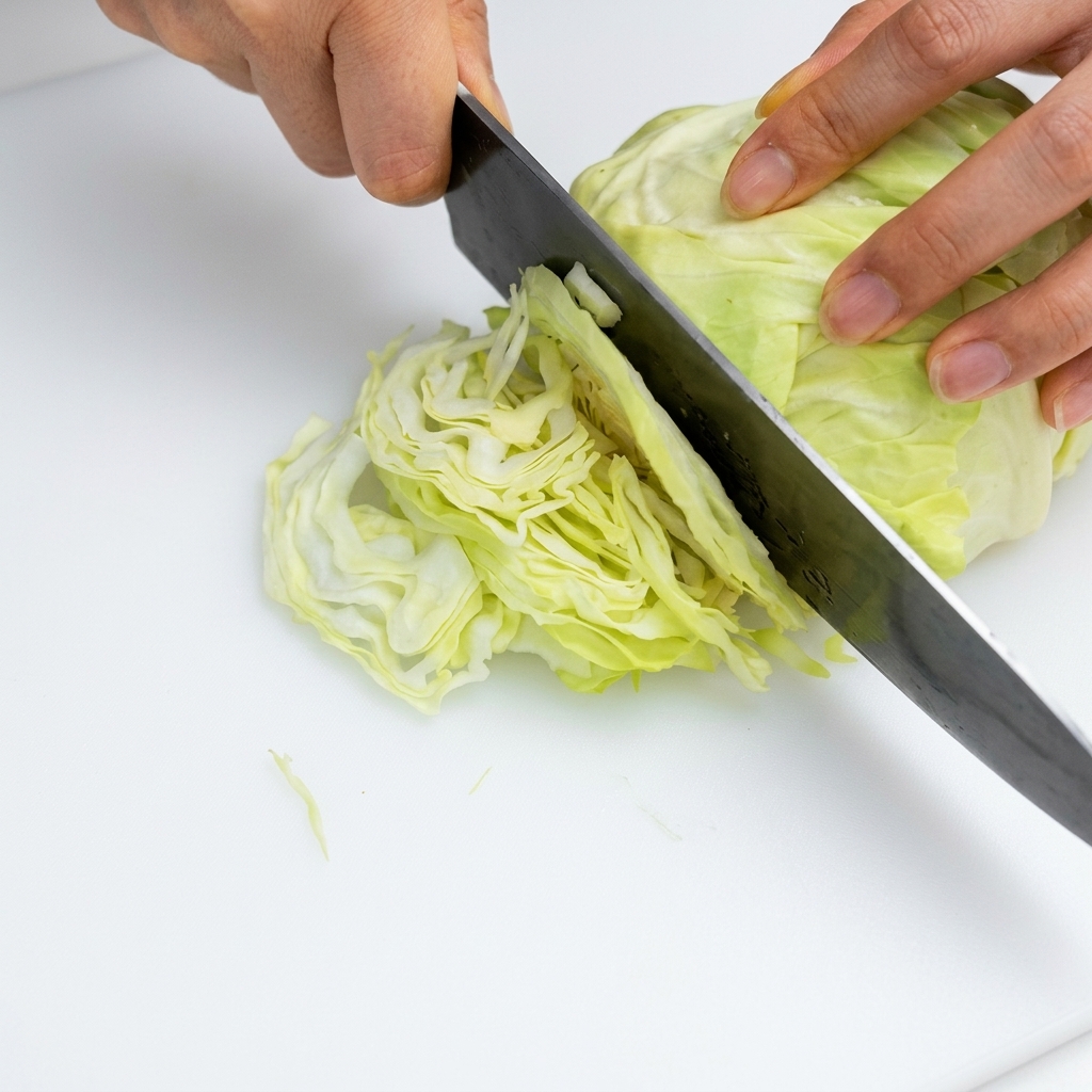 Un cuchillo de cocina cortando una cabeza de repollo fresco en finas tiras delgadas sobre una tabla de cortar blanca.