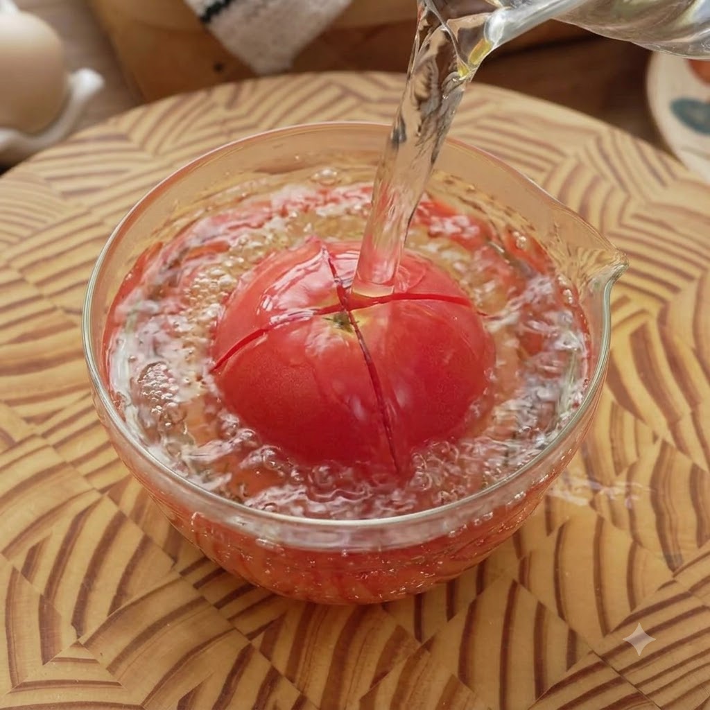 Un tomate rojo sumergido en un bol de cristal con agua caliente mientras se vierte agua encima.