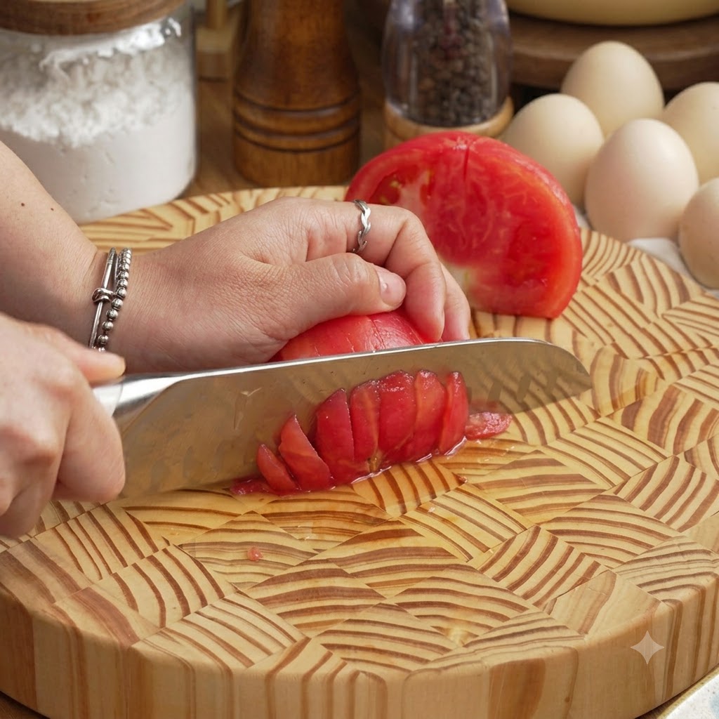 La mano de un cocinero usando un cuchillo para cortar en dados la mitad de un tomate sobre una tabla de cortar de madera con patrones.