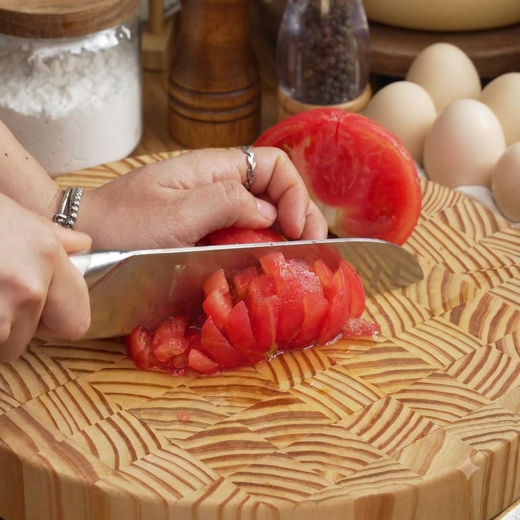 Una persona cortando una zanahoria en cubos pequeños sobre una tabla de cortar de madera junto a huevos y harina.
