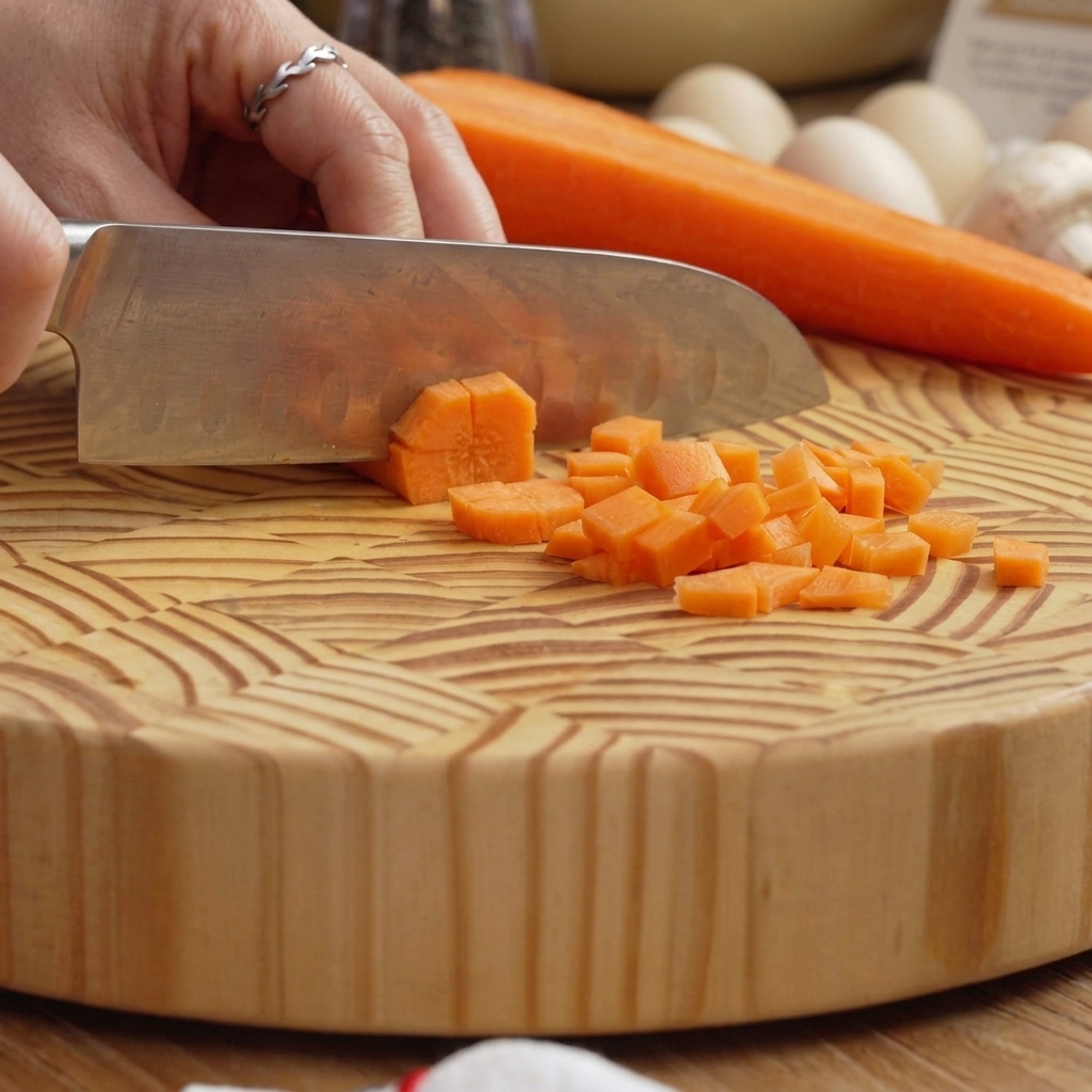 Un cuchillo cortando trozos de cebolla morada en una tabla de cortar de madera con una zanahoria entera cerca.