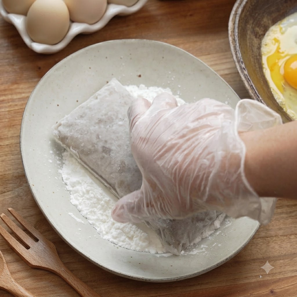Una mano enguantada presionando un bloque de pasta de camarón congelado en harina sobre un plato de color claro.