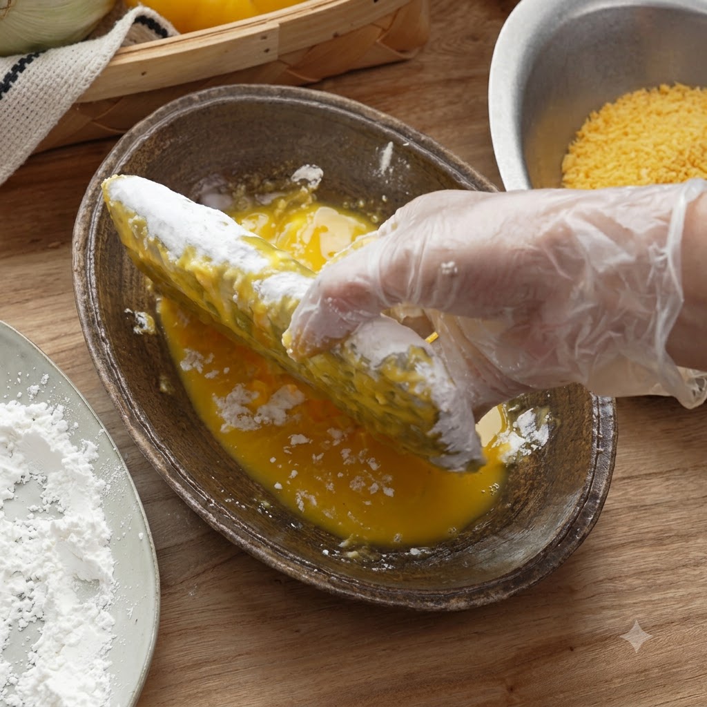 Una mano enguantada sumergiendo la milanesa empanizada en un bol con huevo batido de color amarillo.