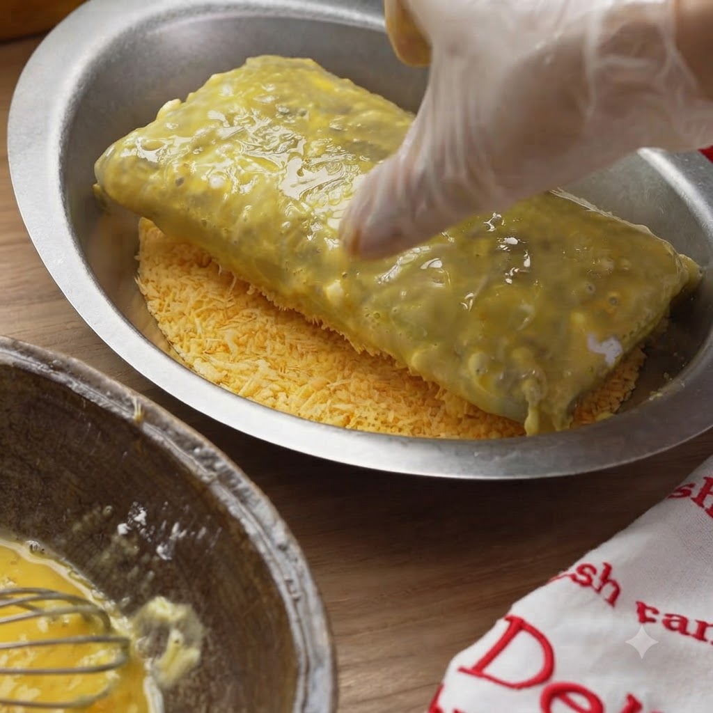 Un bloque de pasta de camarón congelado siendo presionado suavemente contra una capa de pan rallado dorado en una bandeja de metal.