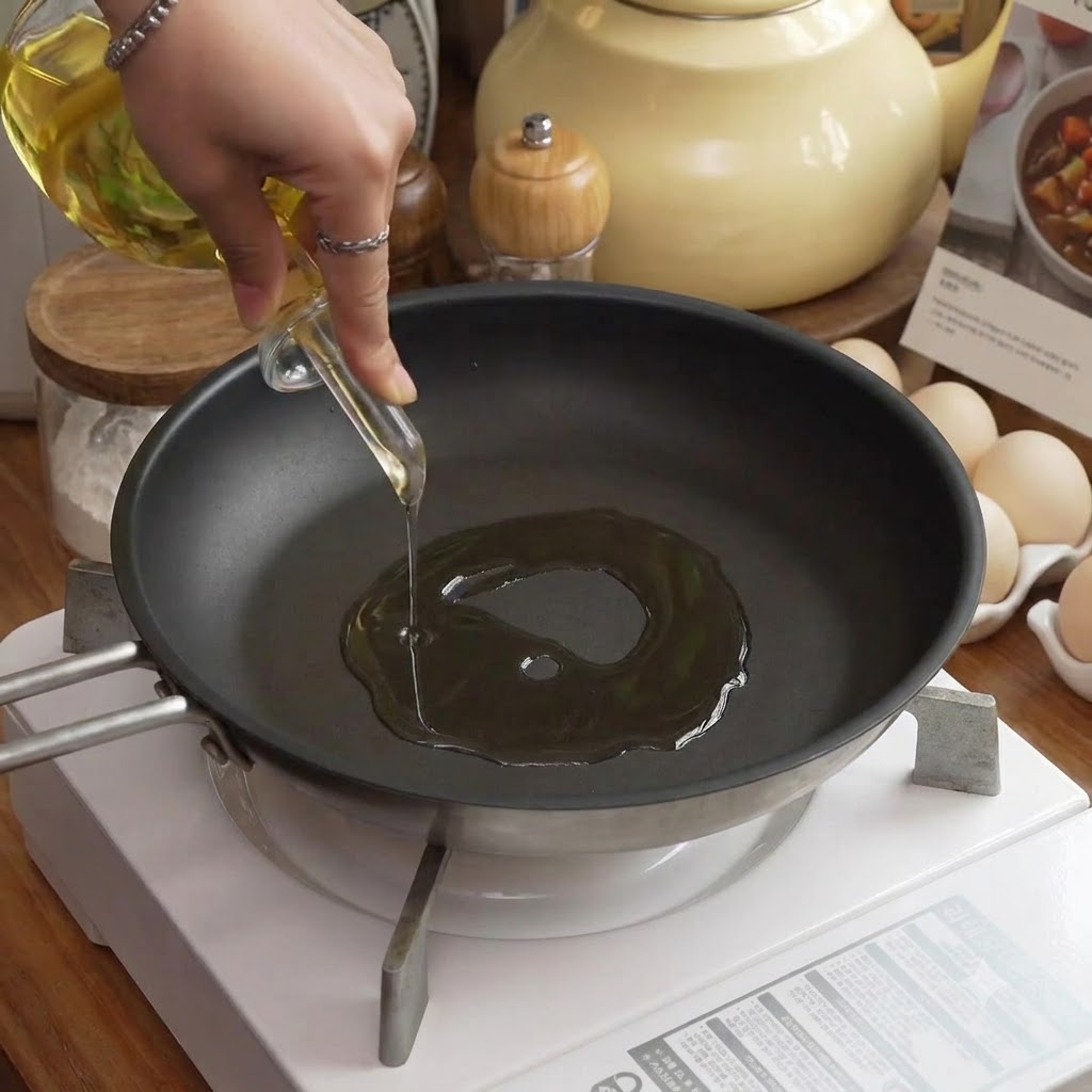 Aceite siendo vertido en una sartén sobre una estufa junto a huevos y utensilios de cocina.