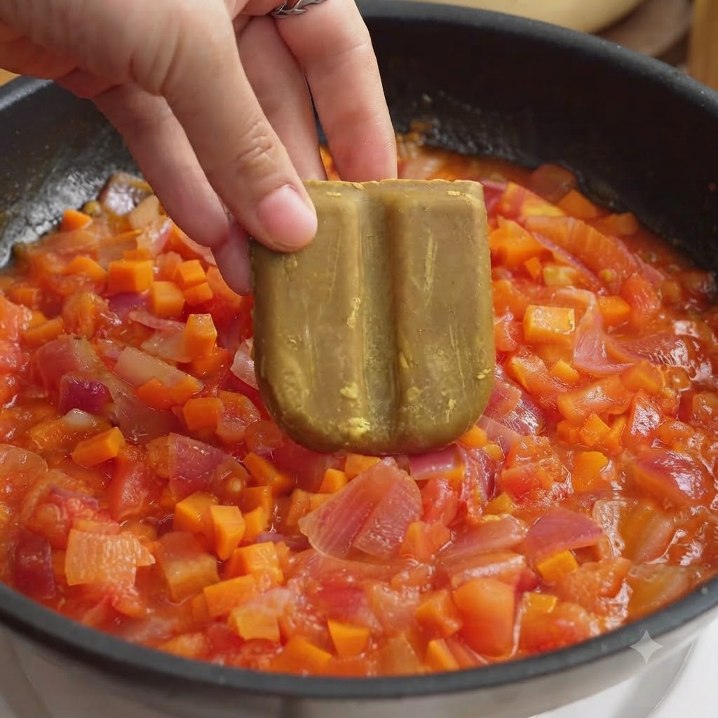 Una mano sosteniendo un cubo de curry sobre una sartén llena con una mezcla de tomates, cebollas y zanahorias picadas.