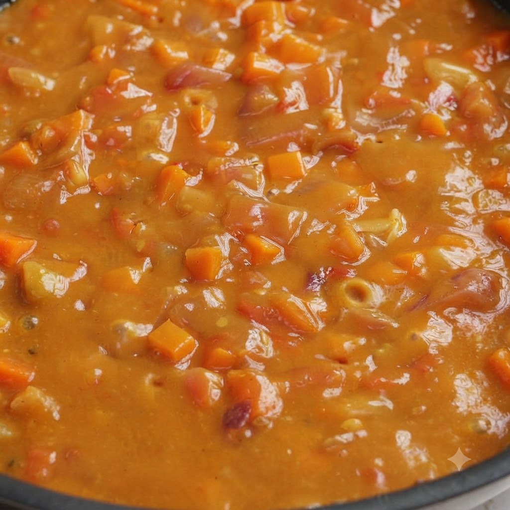 Vista de cerca de una salsa de curry espesa y cremosa cociéndose a fuego lento con zanahorias y tomates finamente picados en una sartén.