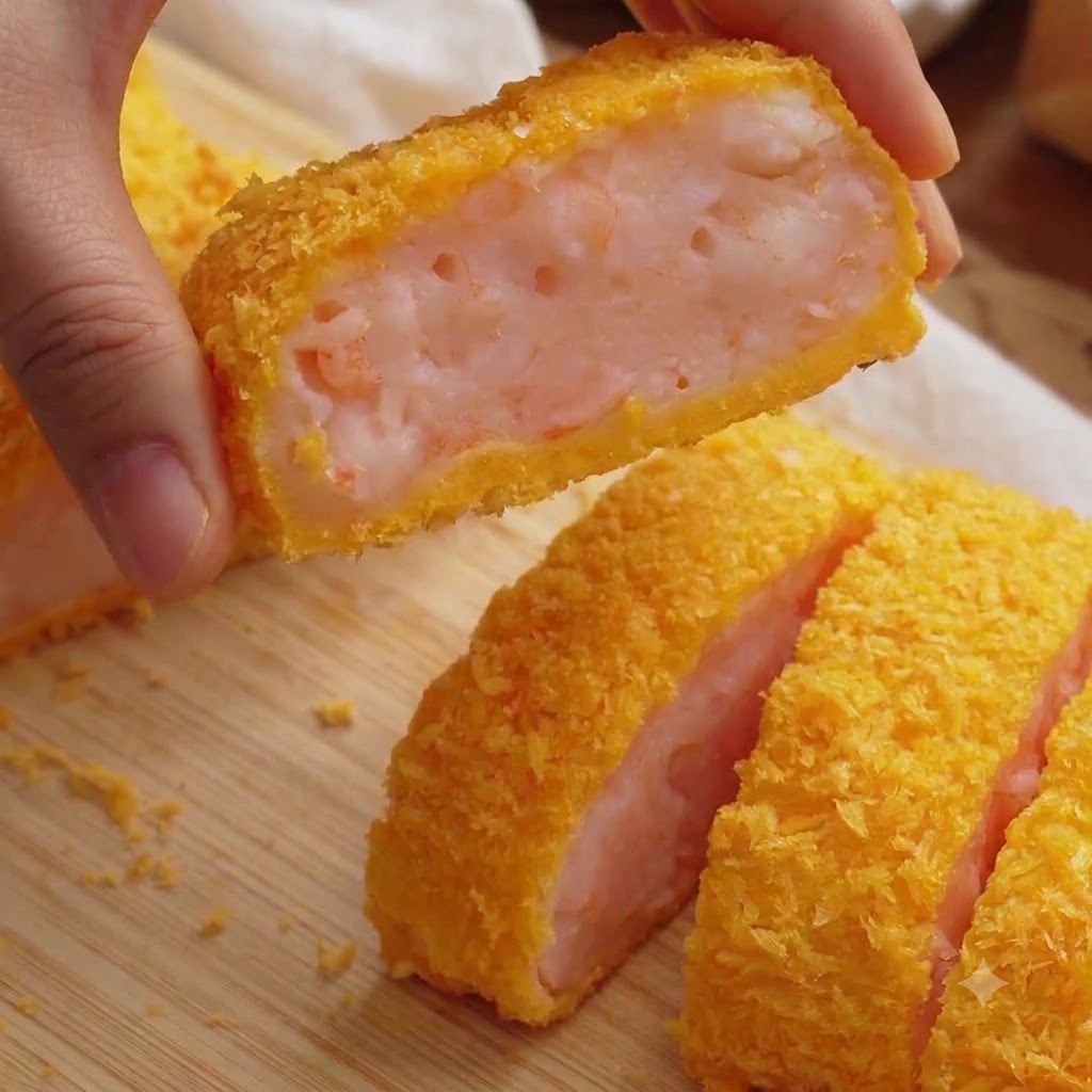 Una mano sosteniendo una pieza recién cortada de una milanesa de camarón dorada y crujiente que muestra la textura rosada del camarón en su interior.