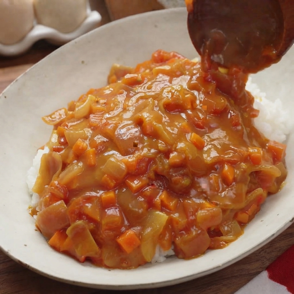 Una cuchara de madera sirviendo salsa de curry espesa y con trozos de tomate y zanahoria directamente sobre una cama de arroz blanco.
