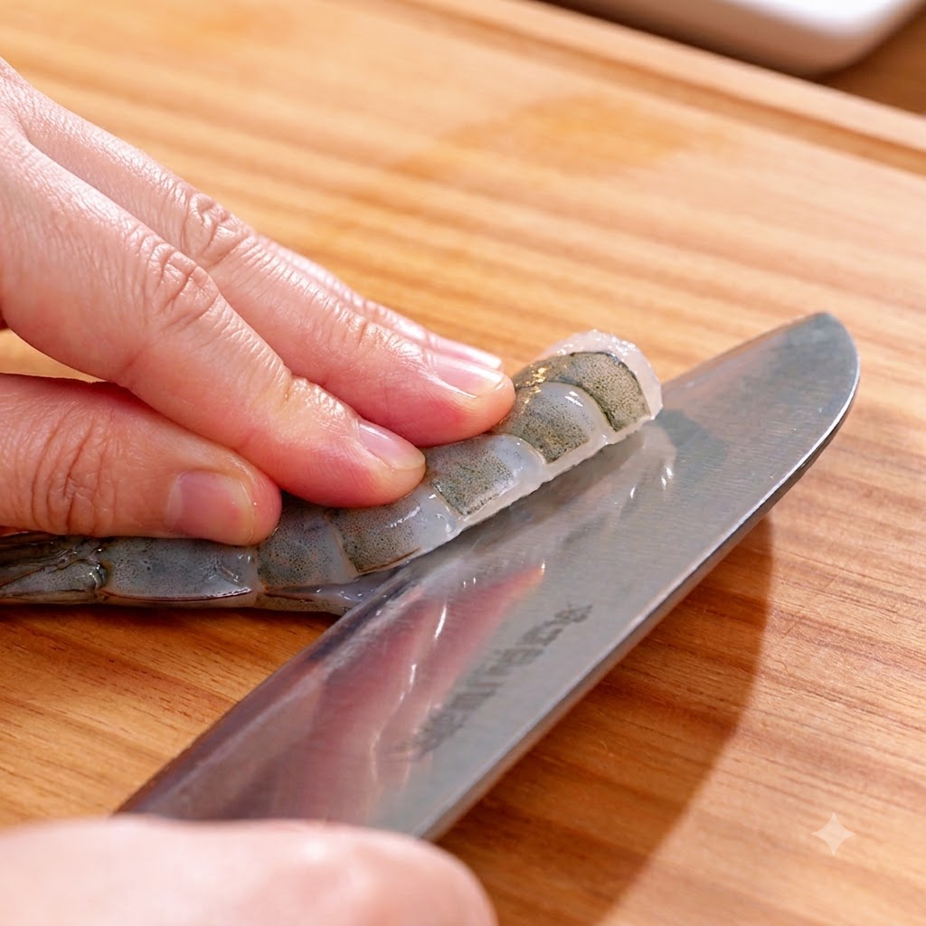 Una mano sosteniendo un cuchillo para hacer un corte de mariposa en la parte posterior de un camarón crudo sobre una tabla de cortar de madera.