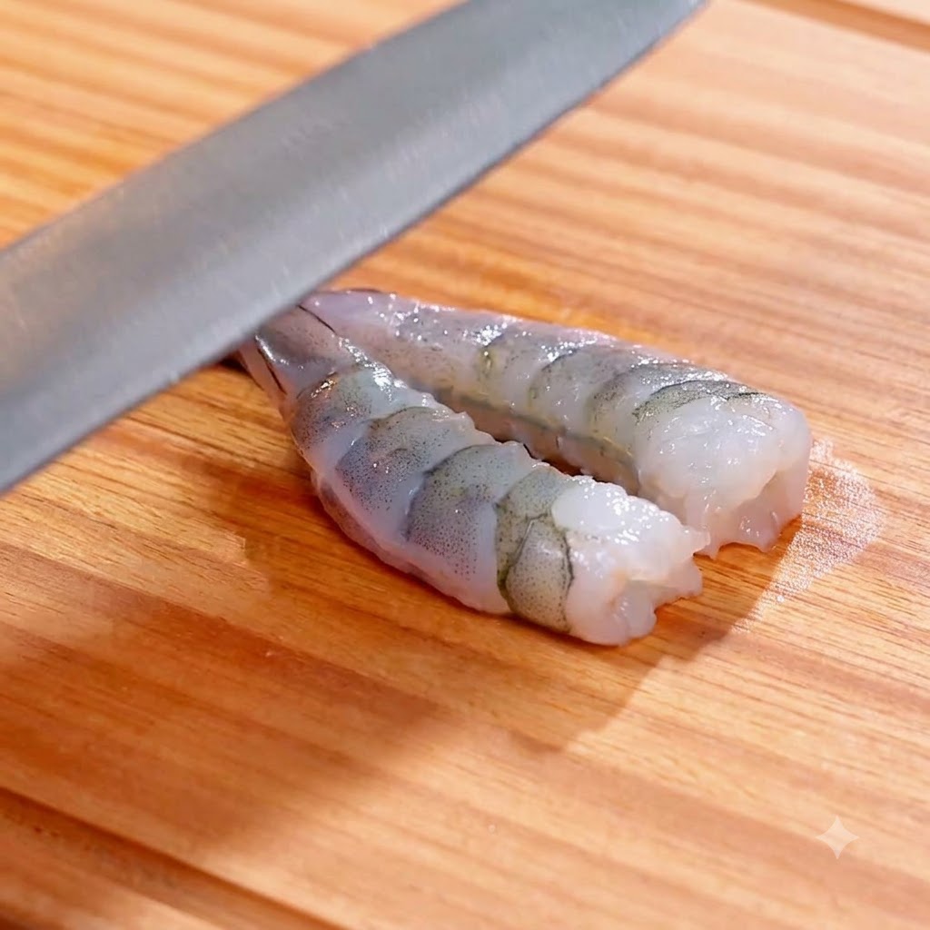 Un par de camarones mariposa siendo cubiertos con fécula y sumergidos en baño de huevo dentro de un recipiente blanco.
