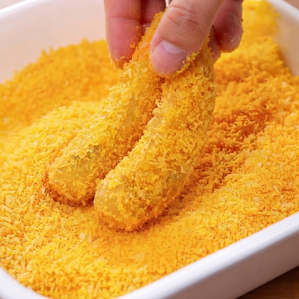 Camarones empanizados friéndose en aceite caliente hasta que estén dorados y crujientes.