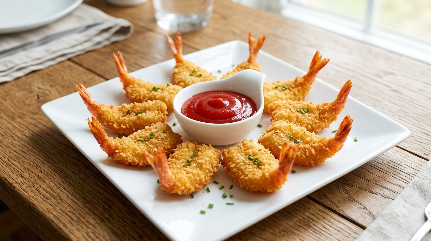 Camarones mariposa dorados y crujientes dispuestos en círculo con un tazón de kétchup de tomate para mojar