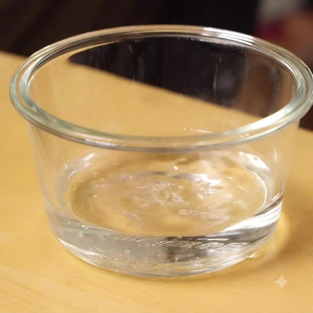 Un bol de vidrio que contiene agua tibia y pasta de miso rojo y blanco disuelta.