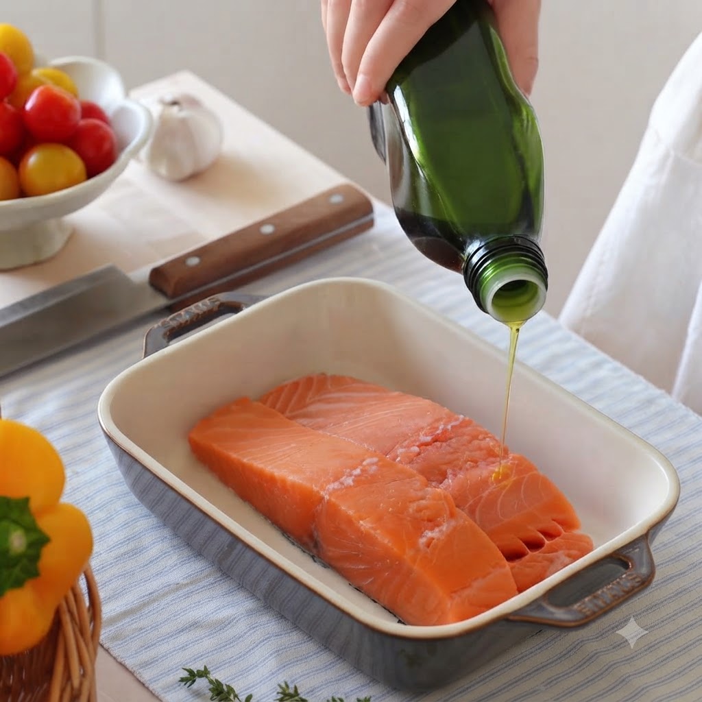 Aceite de oliva siendo vertido desde una botella de vidrio verde sobre dos filetes de salmón crudos dentro de una fuente de cerámica.