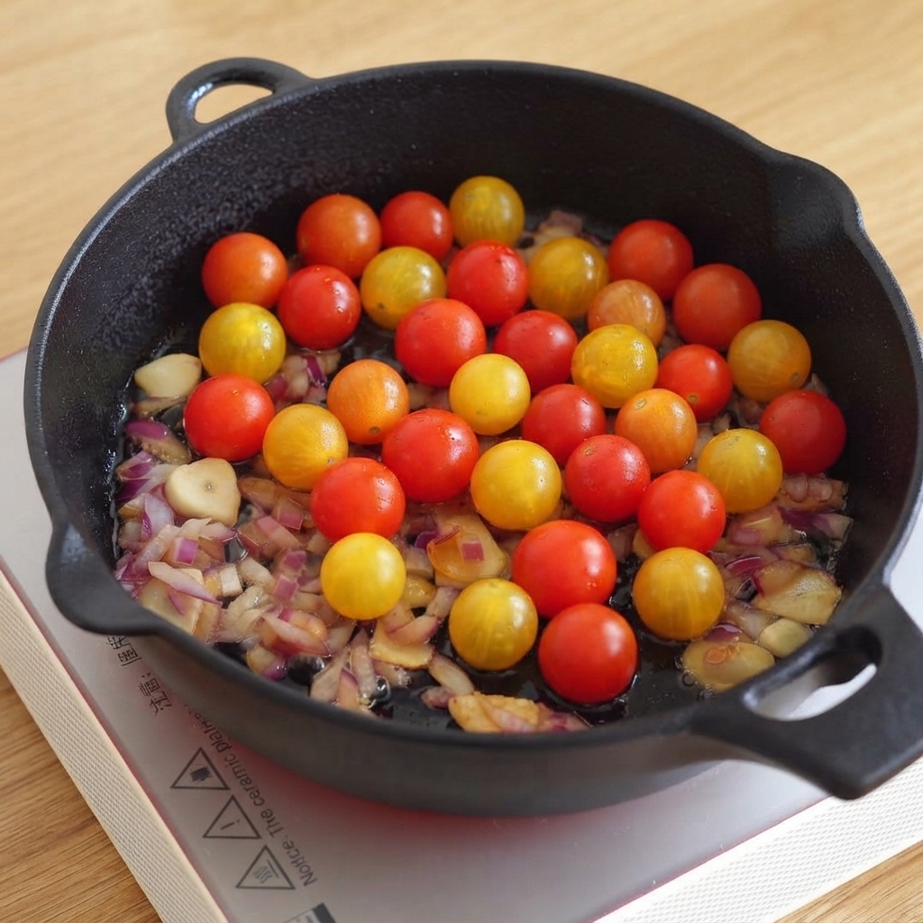 Tomates cherry frescos rojos y amarillos esparcidos sobre cebollas y ajos salteados en una sartén negra de hierro fundido.