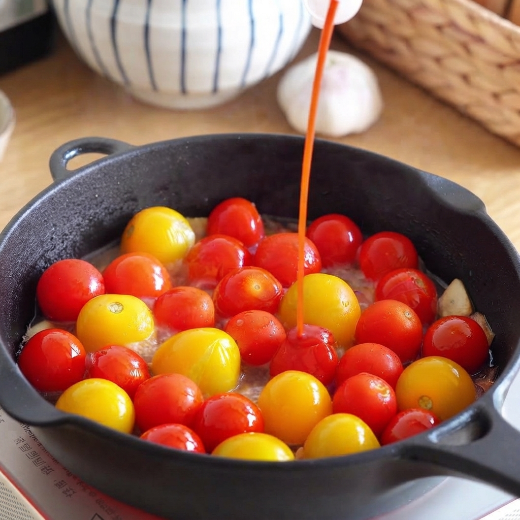 Un chorro de kétchup siendo vertido en una sartén llena de tomates cherry, cebollas y ajo.