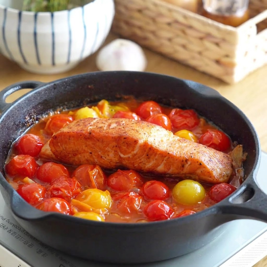 Un filete de salmón sellado reposando dentro de una sartén de hierro fundido sobre una base de salsa de tomate a fuego lento con tomates cherry.