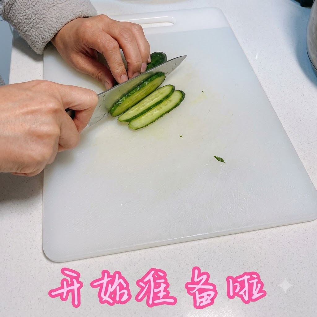 Un par de manos usando un cuchillo para cortar un pepino en tiras finas sobre una tabla de cortar blanca.