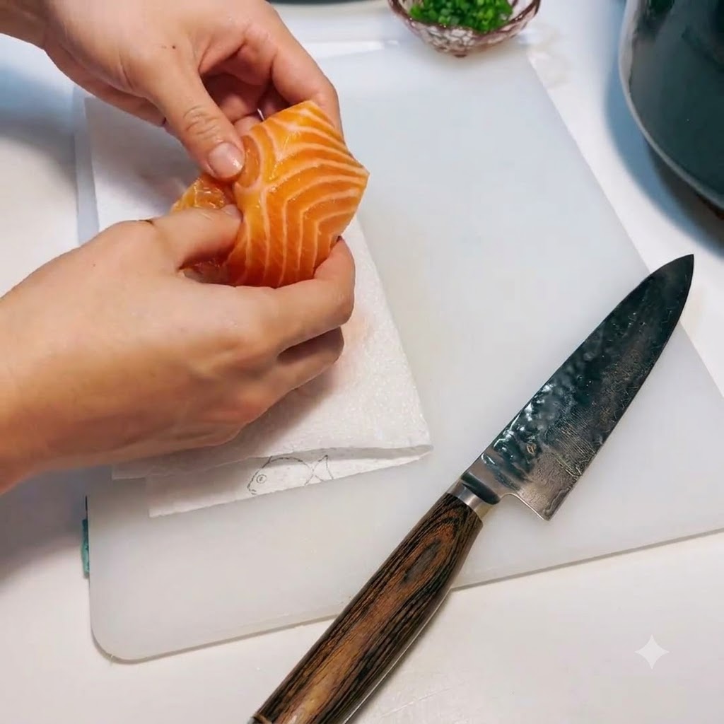 Un trozo de salmón crudo siendo secado cuidadosamente con una toalla de papel en una tabla de cortar.