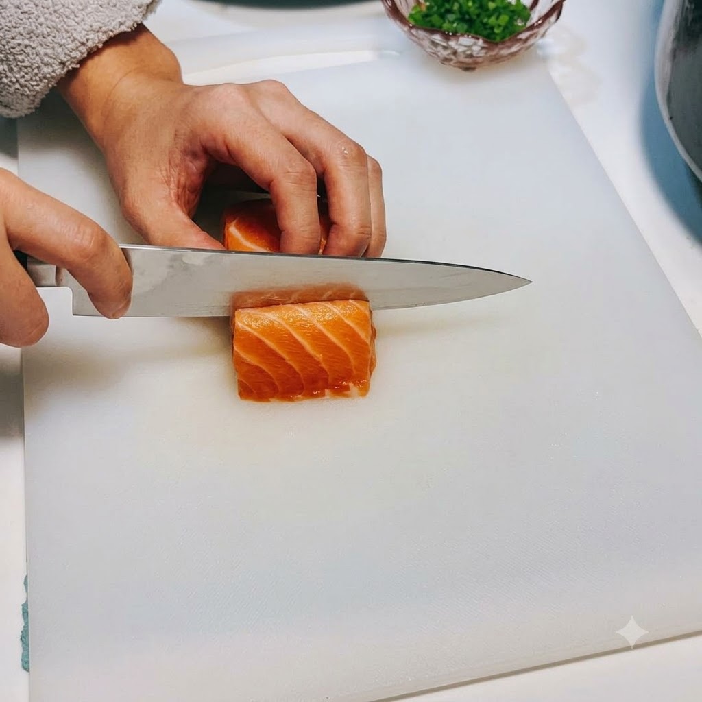 Un cuchillo afilado cortando un bloque de salmón crudo en cubos limpios del tamaño de un bocado.