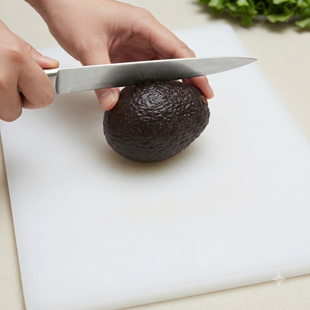 Un cuchillo descansando sobre un aguacate maduro entero posicionado en una tabla de cortar blanca.