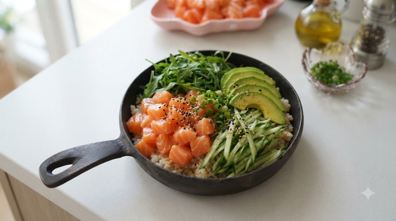Un tazón de arroz con salmón vibrante que presenta cubos de salmón crudo, aguacate fresco, pepino y rúcula servidos en una sartén pequeña.