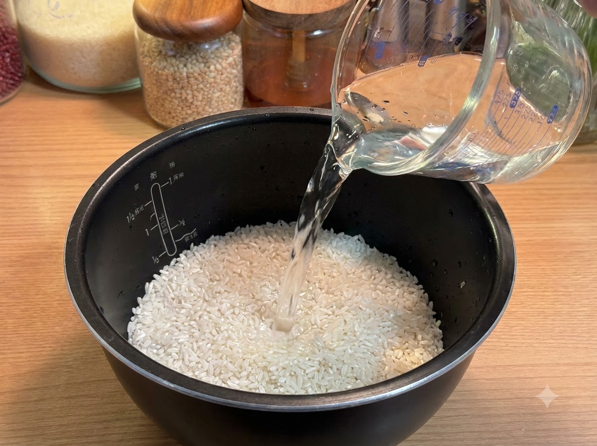 Agua siendo vertida desde una taza medidora de vidrio en la olla de una arrocera con arroz blanco.