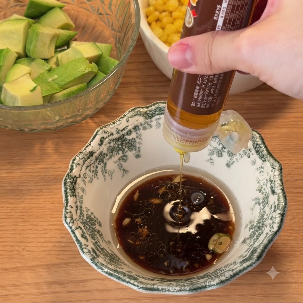 Miel siendo exprimida en un tazón con una mezcla de salsa de soja oscura.
