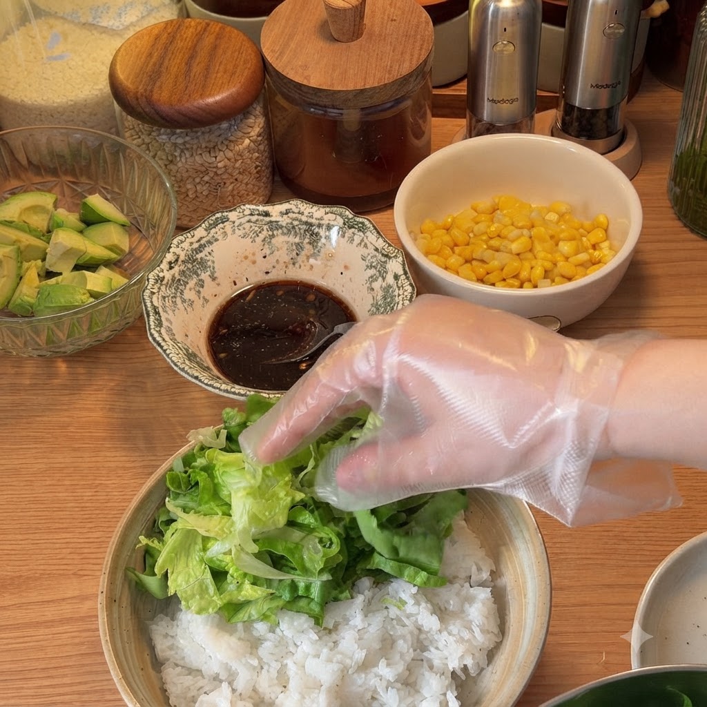 Lechuga picada y atún en lata siendo colocados sobre arroz blanco cocido en un tazón.