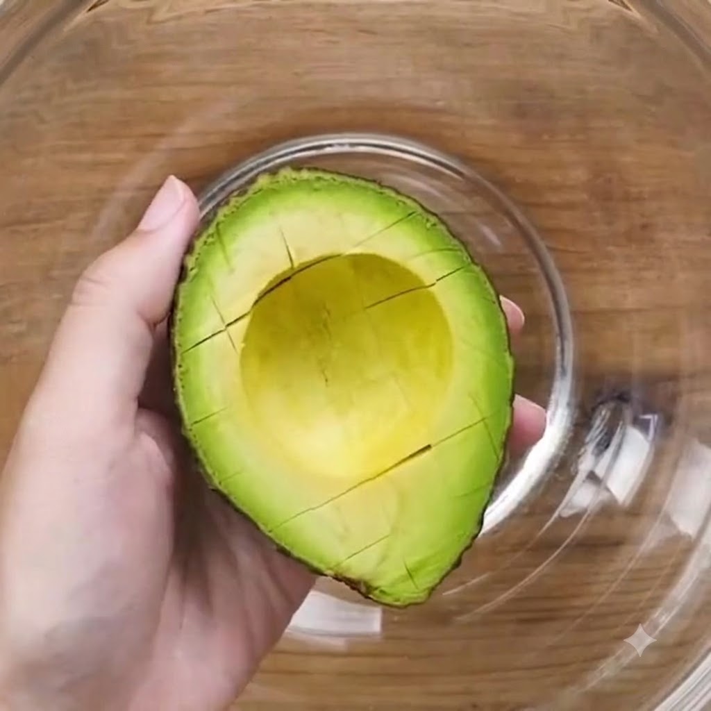 Una mano sosteniendo la mitad de un aguacate cortado sobre un tazón de vidrio, usando una cuchara para sacar los trozos.