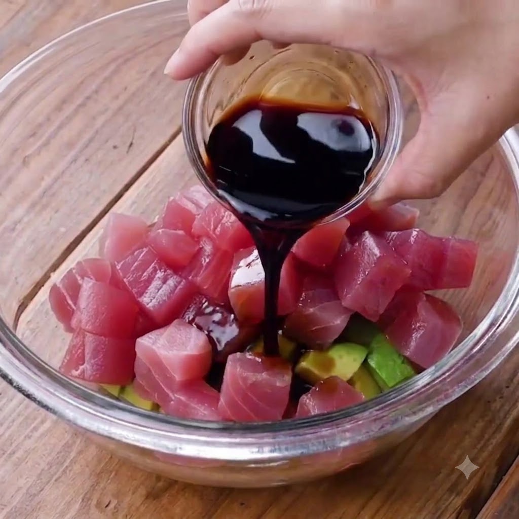 Salsa oscura siendo vertida de un pequeño recipiente de vidrio sobre el tazón lleno de cubos de atún y aguacate.