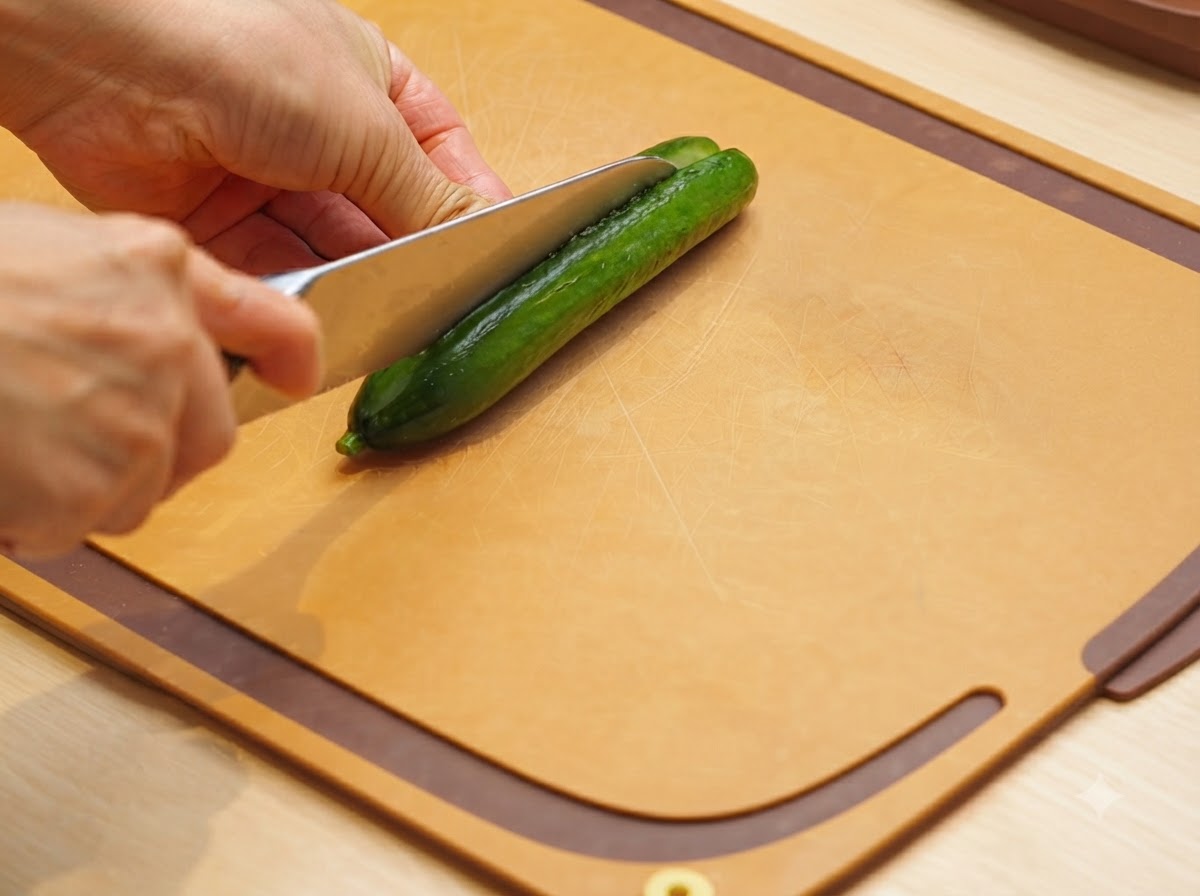 Un cuchillo afilado de chef cortando un pepino a lo largo sobre una tabla de cortar de madera.