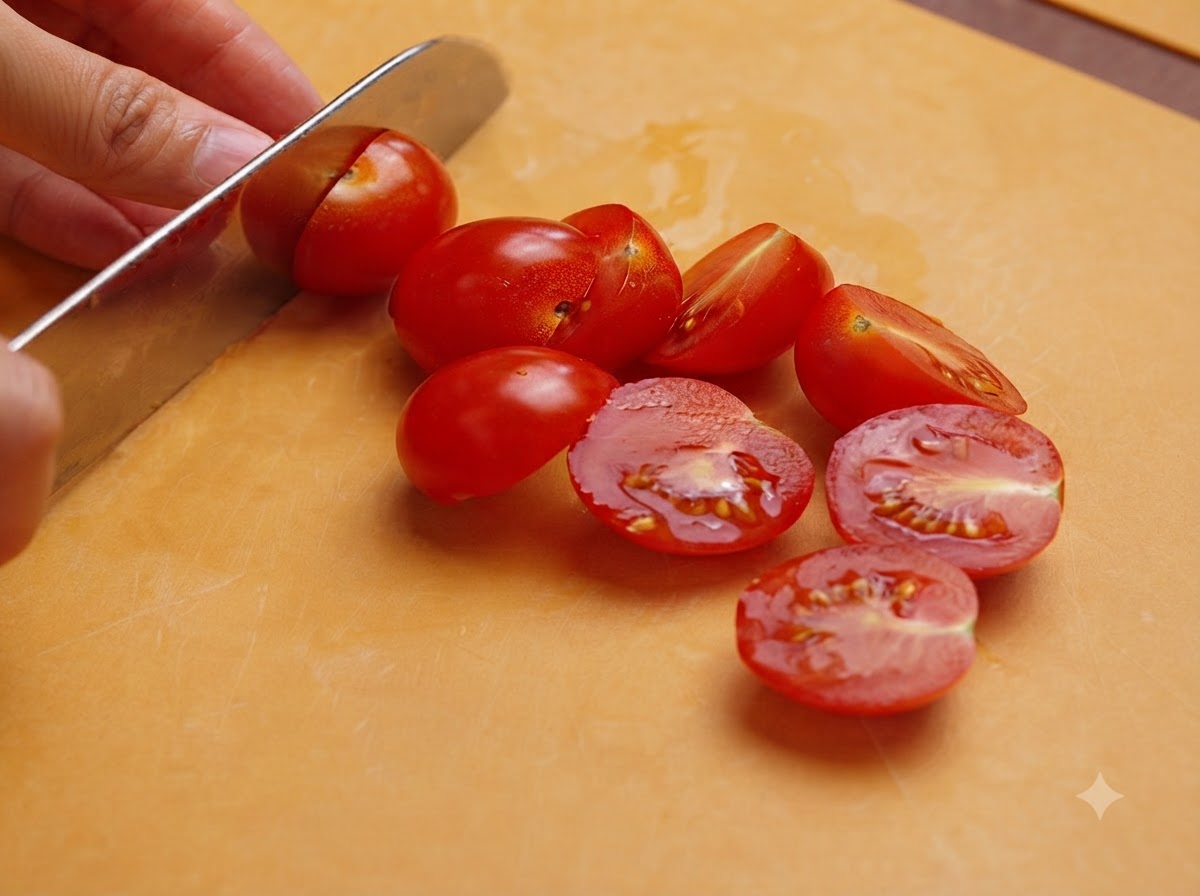 Un aguacate cortado, sin hueso y rebanado en segmentos finos y delicados sobre una tabla de cortar.