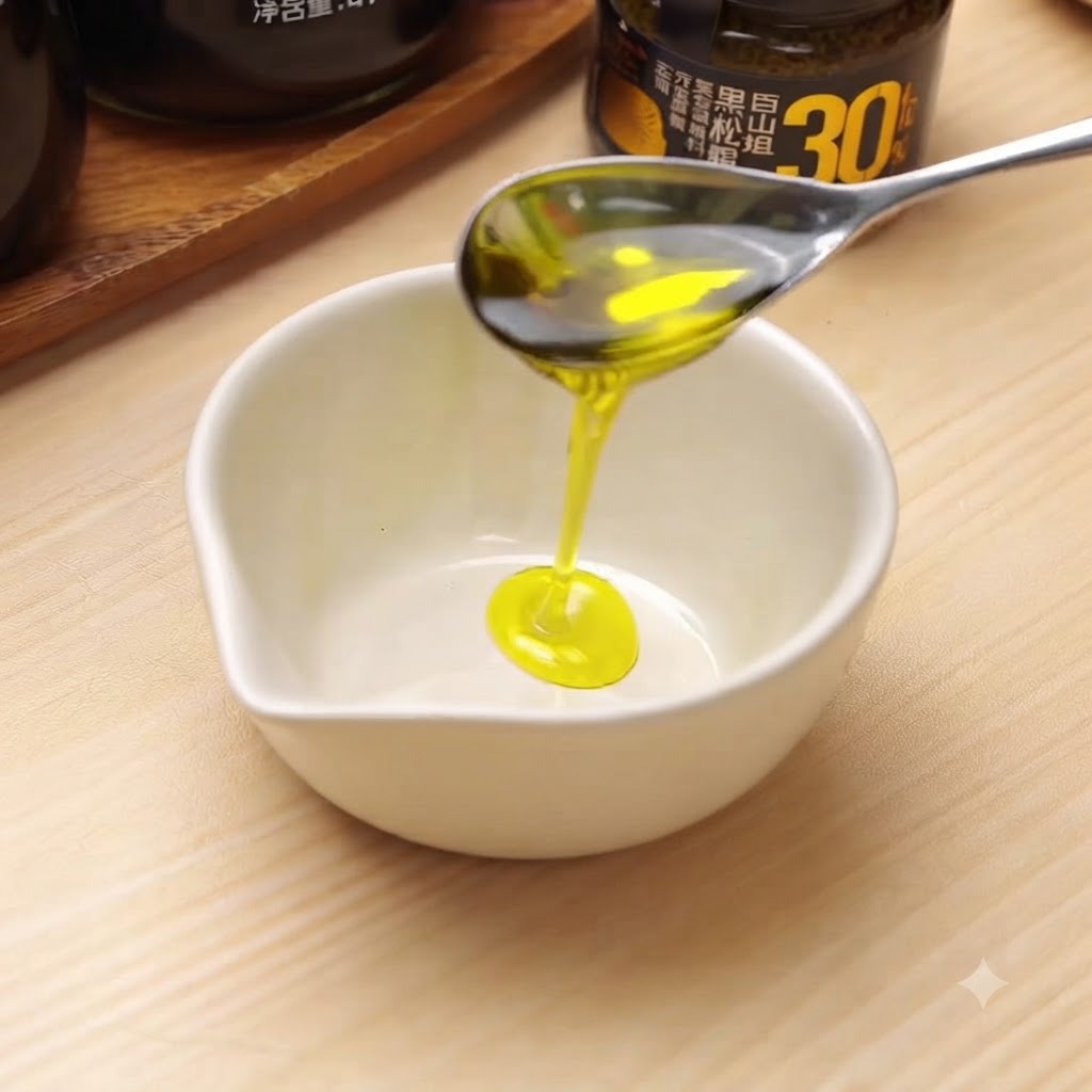 Aceite de oliva vertiéndose en un pequeño tazón blanco junto con otros ingredientes del aderezo.