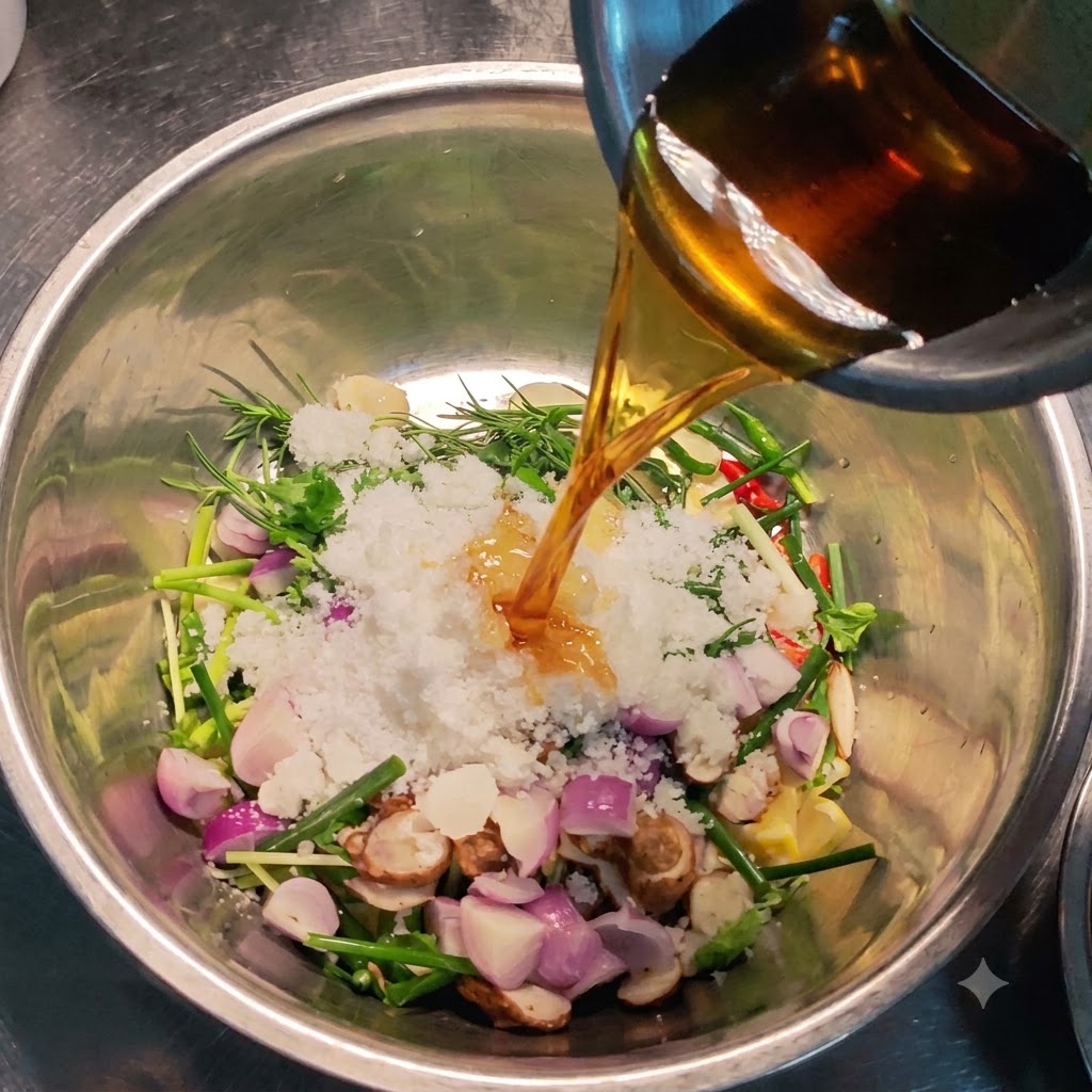 Salsa de ostra y aceite de sésamo siendo vertidos en el bol central que contiene verduras y azúcar.