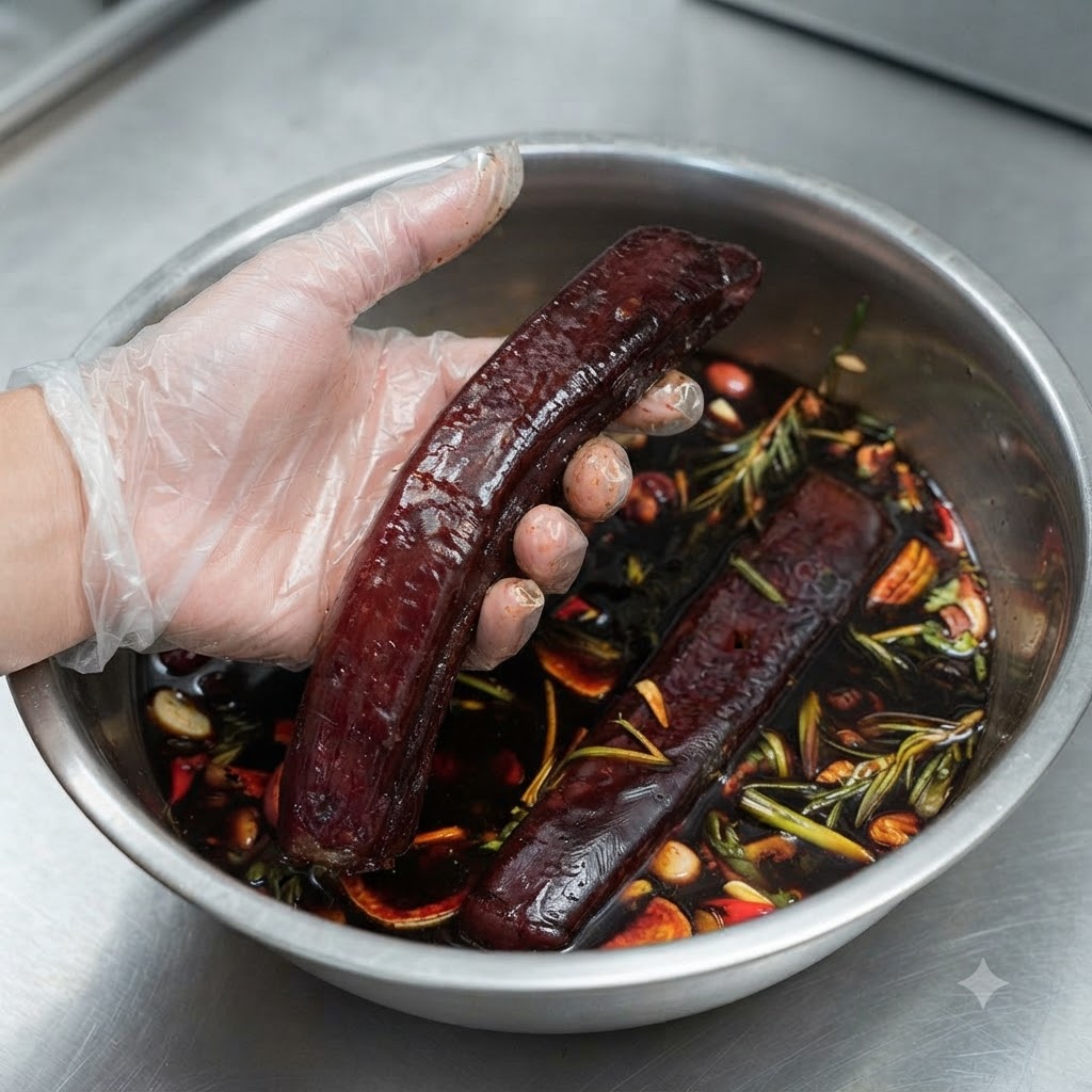 Una mano enguantada sosteniendo un bloque de atún largo y marinado en oscuro sobre un bol de acero lleno de adobo y hierbas.