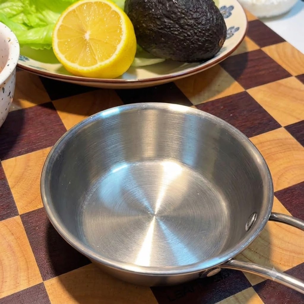 Un pequeño bol vacío de acero inoxidable sobre una tabla de madera a cuadros junto a un plato con un limón y un aguacate.