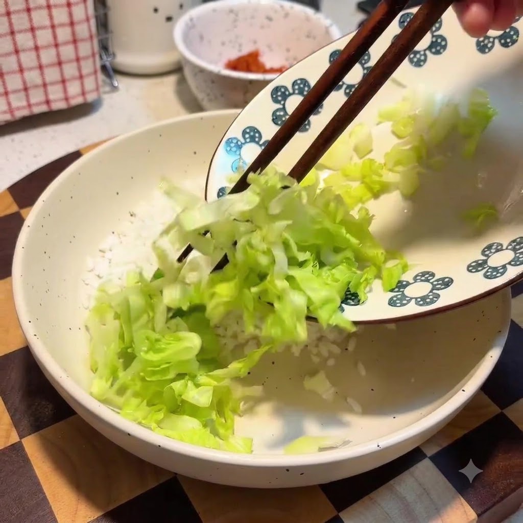Palillos transfiriendo lechuga verde picada desde un plato decorativo hacia una capa de arroz blanco dentro de un bol grande.