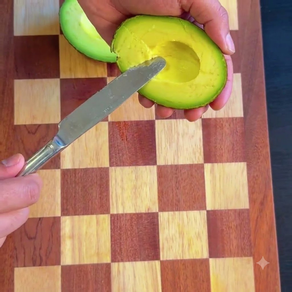 El hueso del aguacate siendo retirado con una cuchara y la pulpa verde siendo extraída hacia un bol.