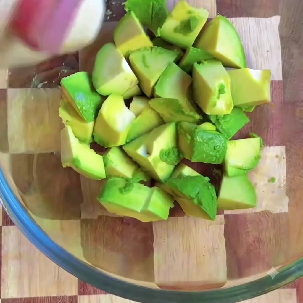Jugo de limón siendo exprimido sobre los trozos de aguacate en un bol.