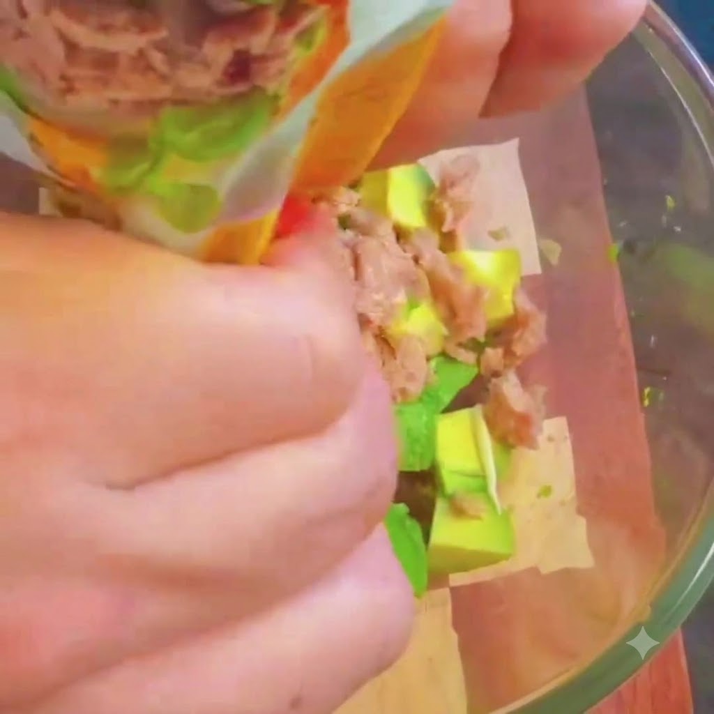 Atún en lata, mayonesa, miso y pimienta combinándose con el aguacate en un bol de vidrio.