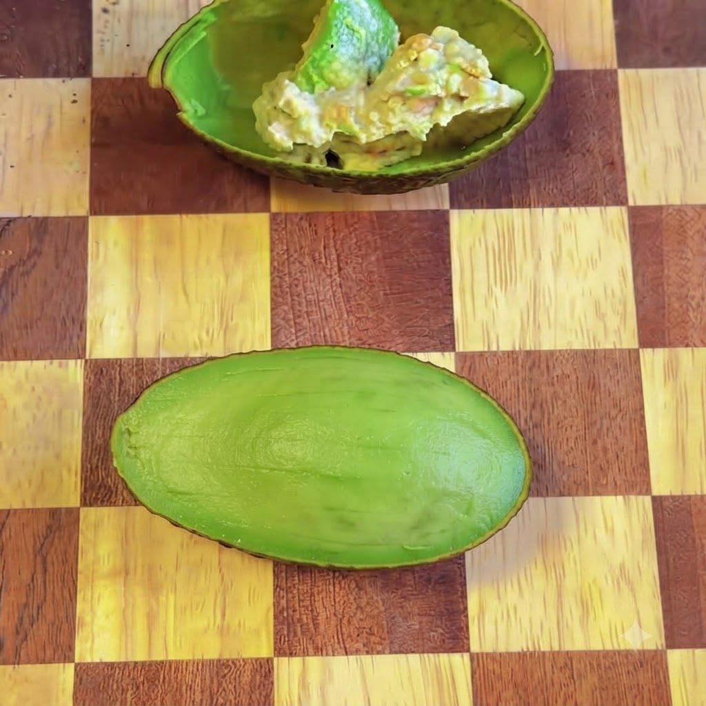 La mezcla de atún y aguacate siendo colocada con cuchara dentro de la cáscara de aguacate vacía.