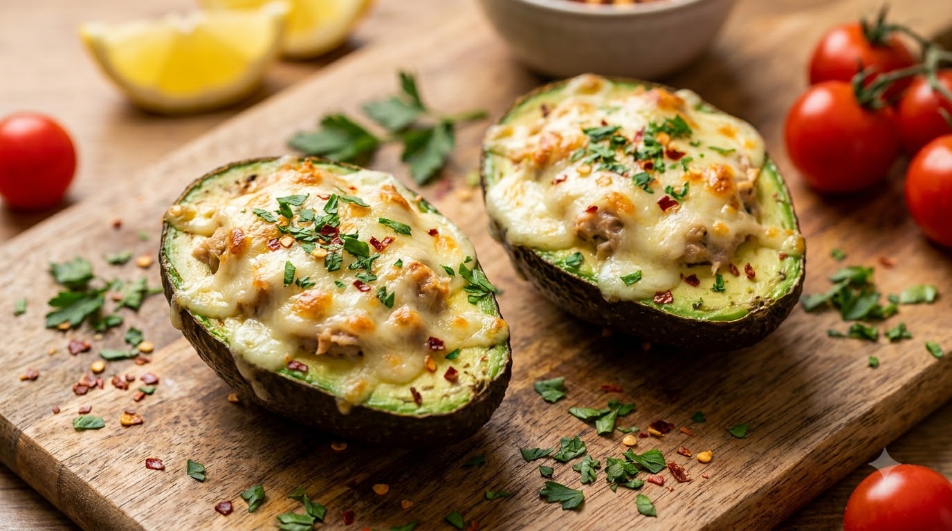 Dos mitades de aguacate rellenas de atún con mayonesa y cubiertas con queso fundido dorado y burbujeante.