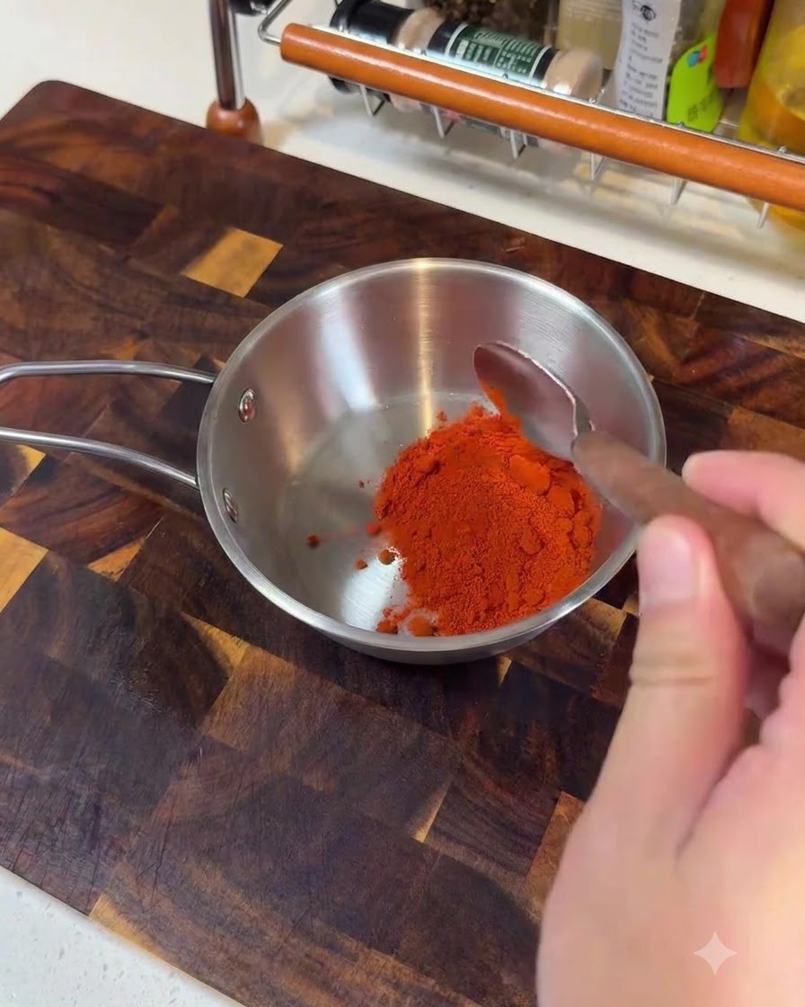 Chile en polvo fino, chile en polvo grueso, pasta de chile coreana y condimentos agregados en una olla pequeña de metal.