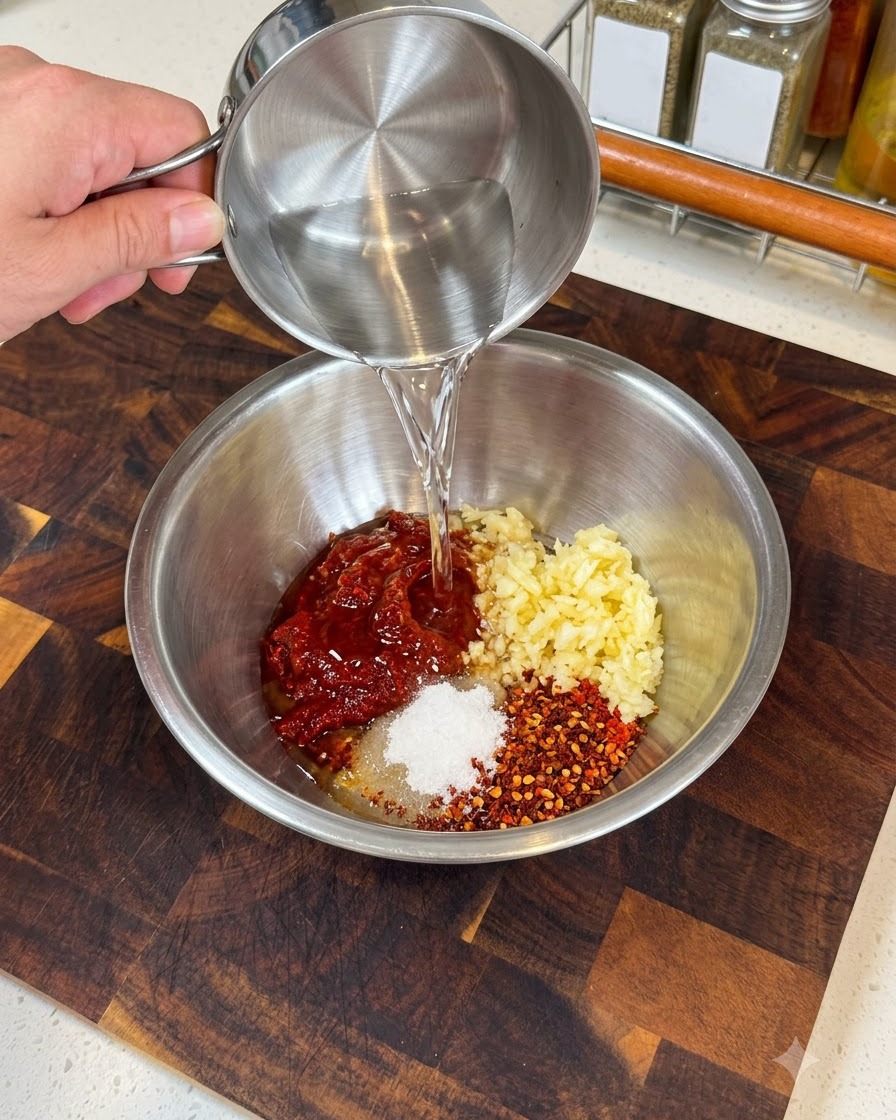 Agua siendo vertida en un bol de metal que contiene los ingredientes de la salsa, listos para mezclar.