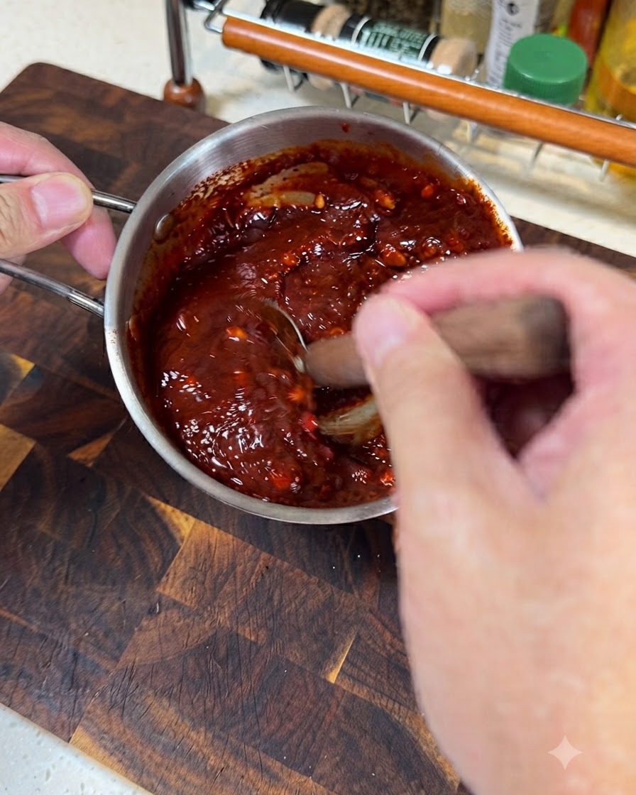 Aceite de cocina siendo vertido en una sartén negra calentada.
